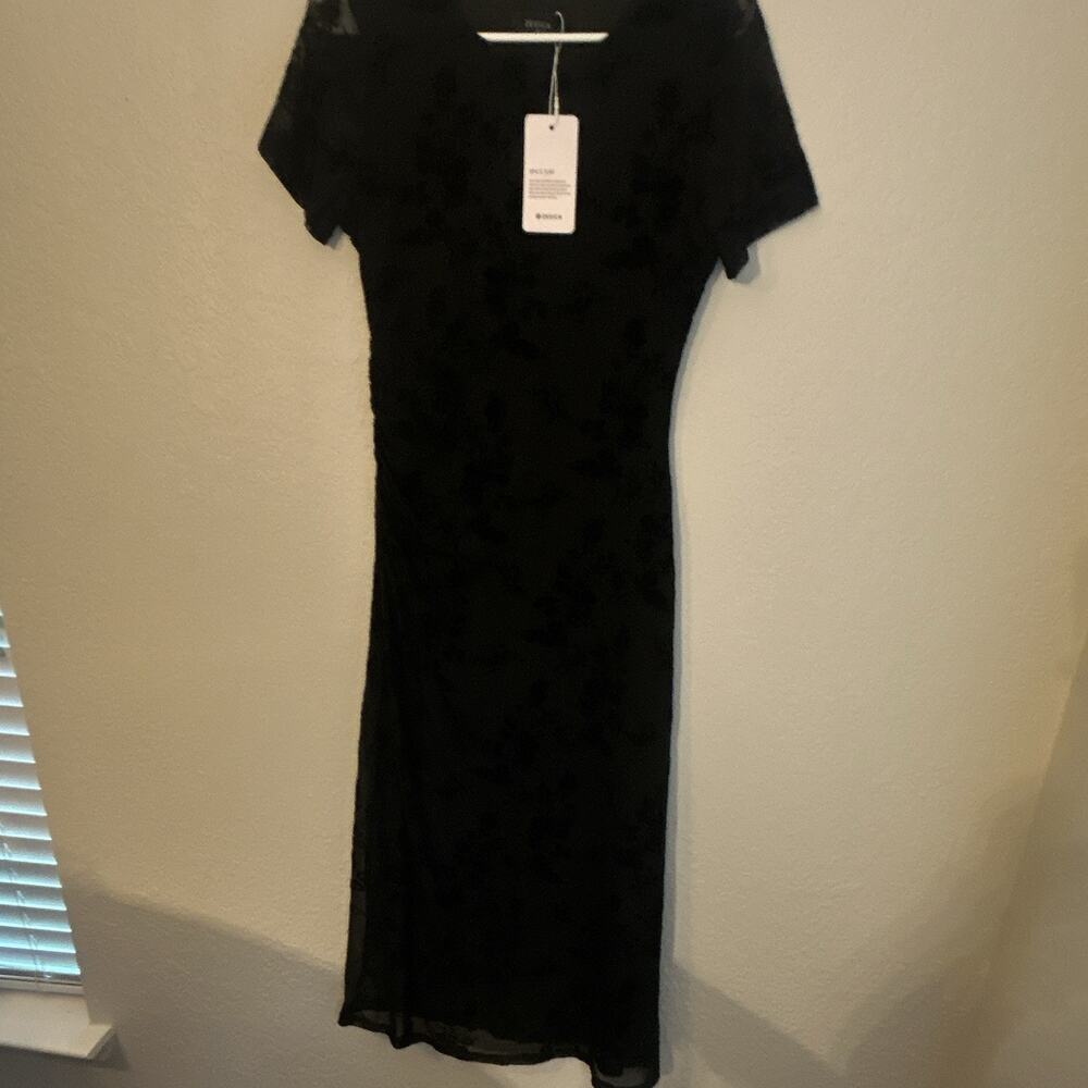 Black Floral Mesh Sheer Bodycon Midi Round Neck Short Sleeve M Velvet flowers